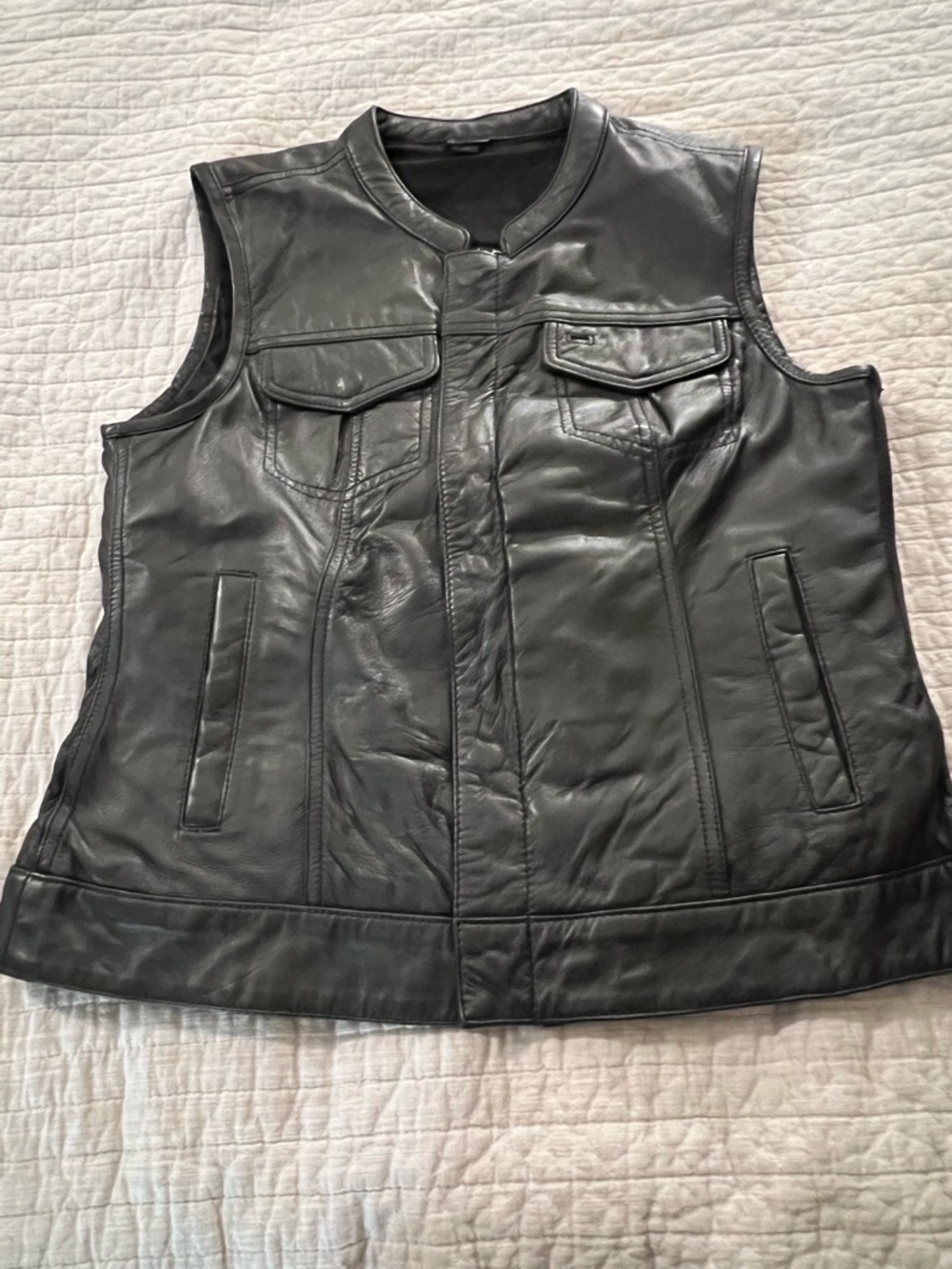Women's Black Leather Sleeveless Vest - Classic Biker Style